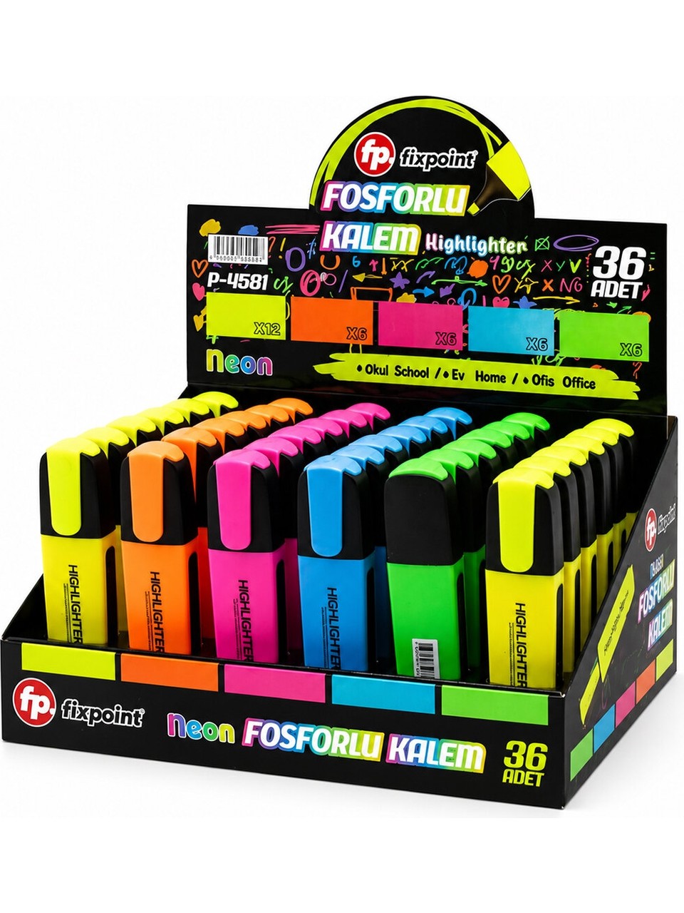 Zenviaa 36 Adet Neon Fosforlu Kalem - Standlıdır Içinde 12 - Sarı - 6 - Turuncu - 6 - Pembe - 6 -