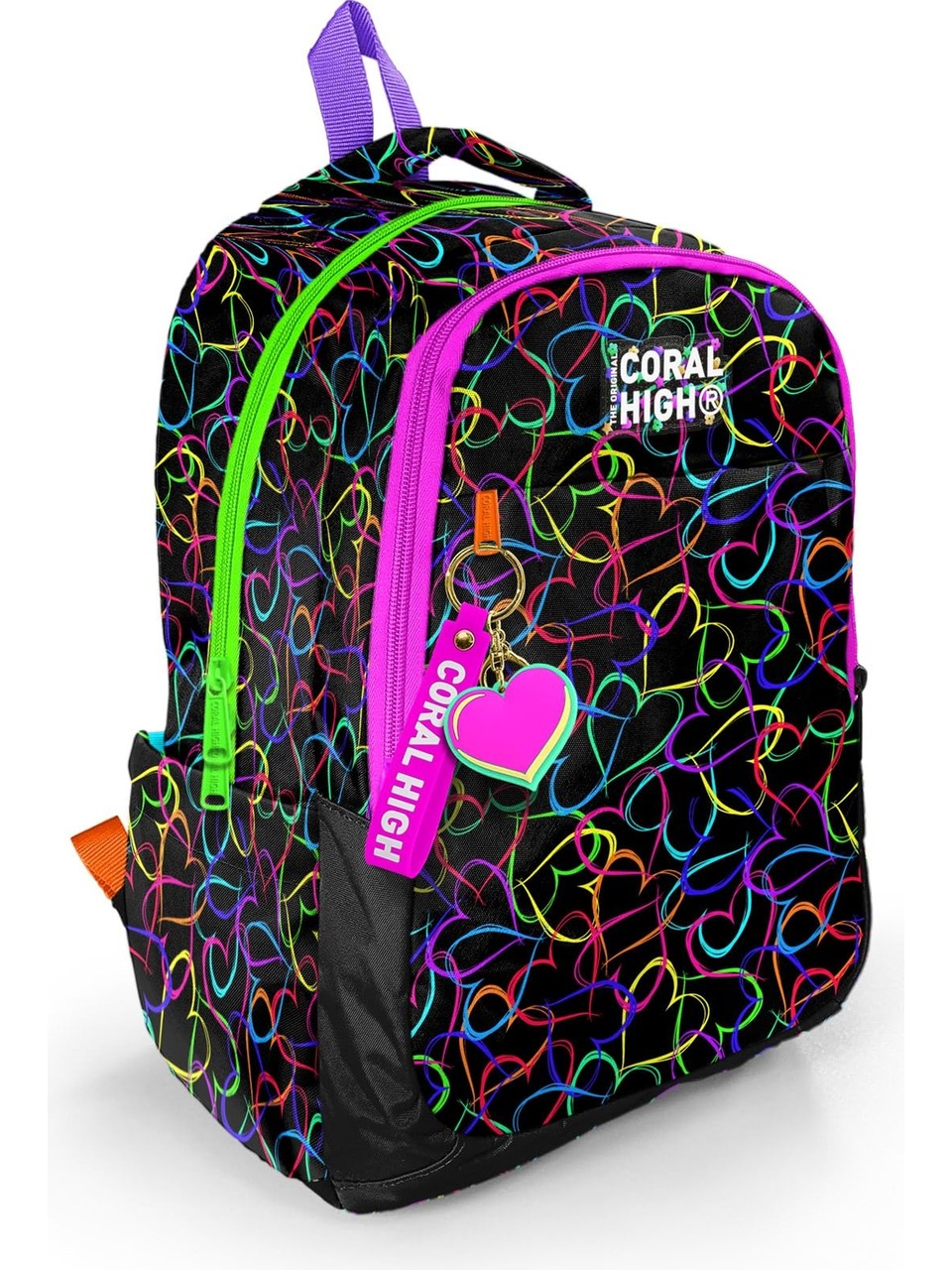 Kids Çok Renkli Kalp Desenli Üç Bölmeli Okul Sırt Çantası 23670
